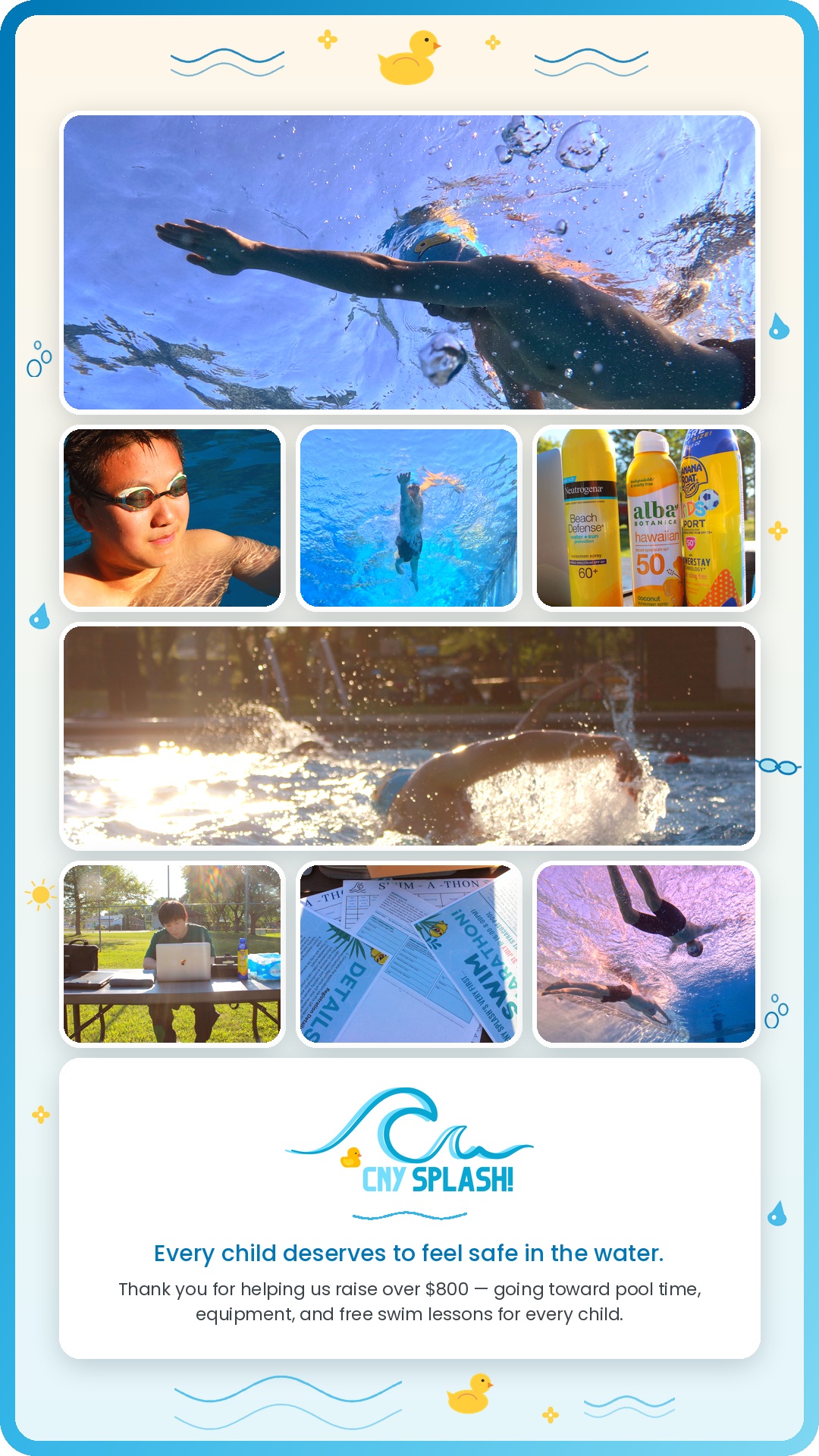 CNY Splash Swim Marathon recap collage — swimmers, sponsor materials, and a thank-you to everyone who helped raise over $800